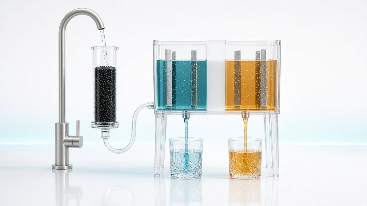 Schema: kraanwater gaat door een filter en daarna door een elektrolysekamer met platen en een membraan, waarna een stroom met hogere en een stroom met lagere pH ontstaat